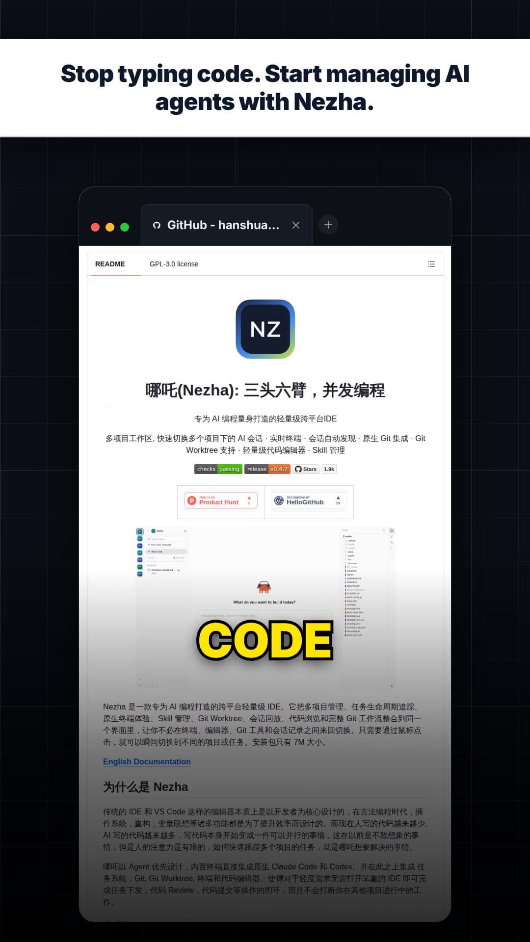 Stop typing code. Start managing AI agents with Nezha. — repo signal thumbnail