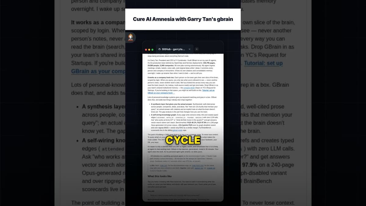 Cure AI Amnesia with Garry Tan's gbrain — repo signal thumbnail