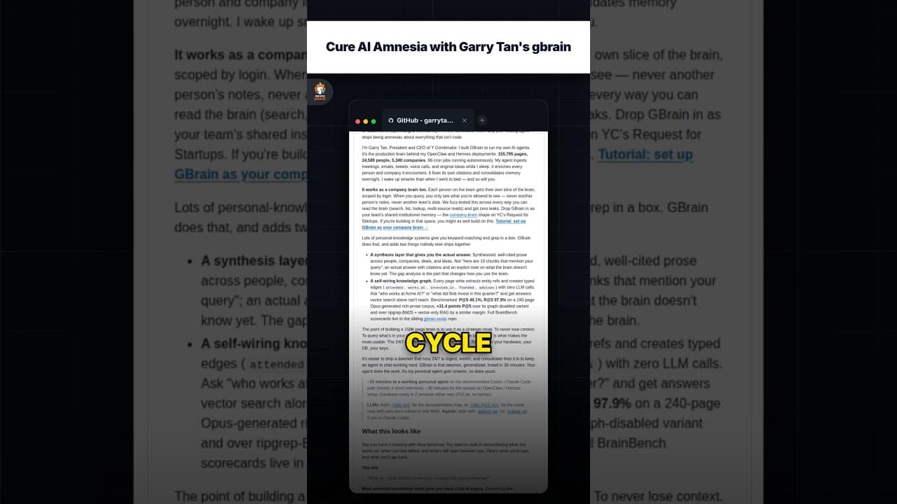 Cure AI Amnesia with Garry Tan's gbrain — repo signal thumbnail
